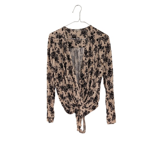 Free People Tops - Free People Bodysuit Womens Small Beige Black Floral Long Sleeve Wrap Front